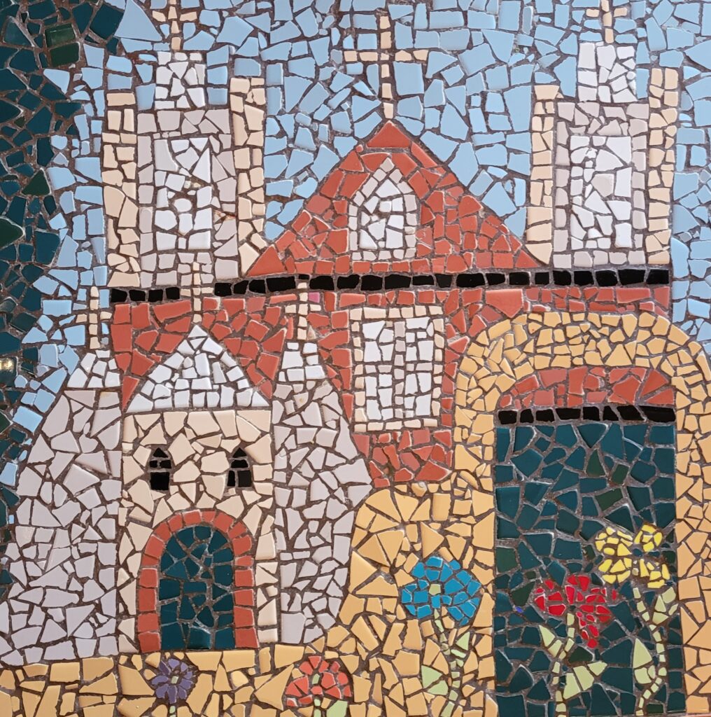 mosaic with a church in the background